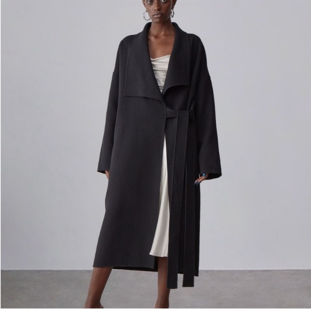 Women’s Long Black Wrap Coat with Belt